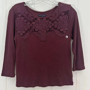 American Eagle Sz M Crotche Lace Neck Top Shirt Tunic3/4 Sleeve Red Burg…